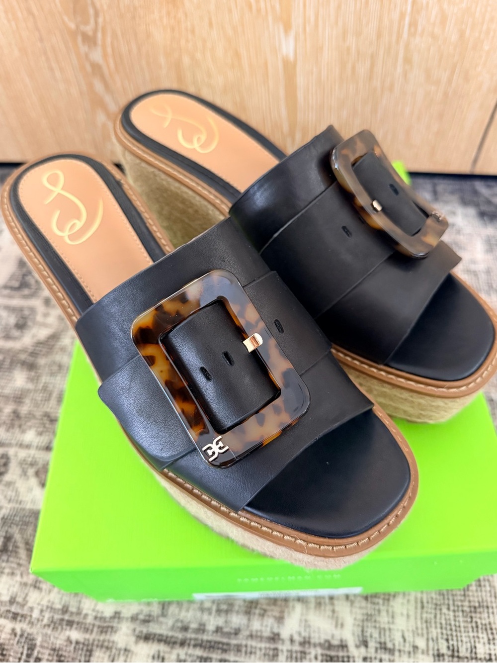 Sam Edelman, Livi Black Leather platform slides with large tortoise shell buckle